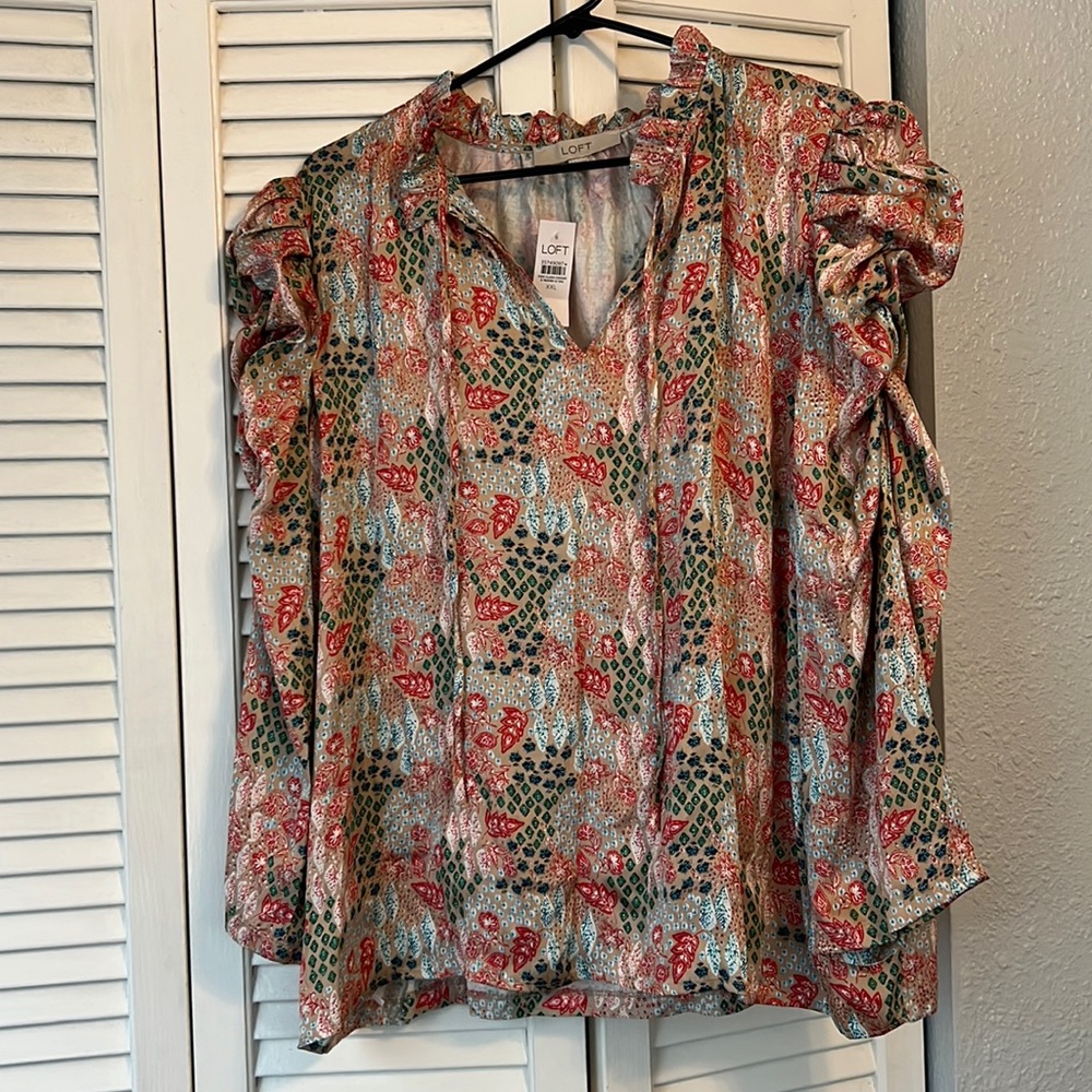 🆕 Garden Cinched Sleeve Ruffle Tie Neck Mixed Media Top